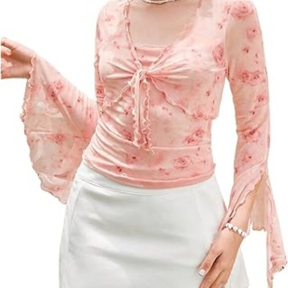 ****PINK FLORAL PRINT KNOT SHIRT - Picture 1 of 6